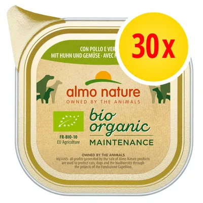 almo nature bio organic maintenance, FR-BIO-10 EU Agriculture, 30x. Text: con pollo e verdure, mit huhn und gemüse, avec poulet et légumes. Ekologiskt certifikat synligt.