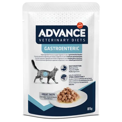 Advance Veterinary Diets Gastroenteric, sachet 85g pour chat. Texte visible : digestion facile, aide à améliorer la consistance des selles, goût délicieux. Marque Affinity.