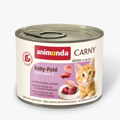 animonda Carny Baby-Paté Kitten alkaen viikosta 4. 100 % tuoreita ainesosia, korkea eläinproteiinipitoisuus, ilman lisättyä viljaa ja sokeria.
