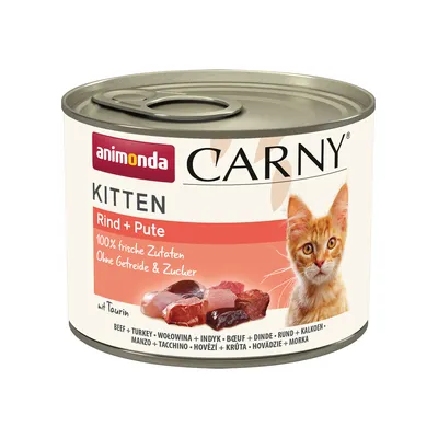 Animonda Carny Kitten naudanliha ja kalkkuna, 100 % tuoreita ainesosia, ilman viljaa ja sokeria, tauriinilla. Tölkki kissanruokaa.