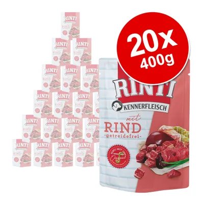 Pachet 20 x 400 g Rinti Kennerfleisch mit Rind, fără cereale. Ambalaj cu imagine carne de vită și text vizibil: 'Rinti Kennerfleisch mit Rind -getreidefrei-'.