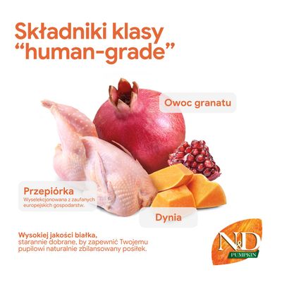 Składniki o jakości spożywczej: owoc granatu, przepiórka z europejskich hodowli, dynia. Wysokiej jakości białko dla zbilansowanego posiłku. Marka: N&D Pumpkin.