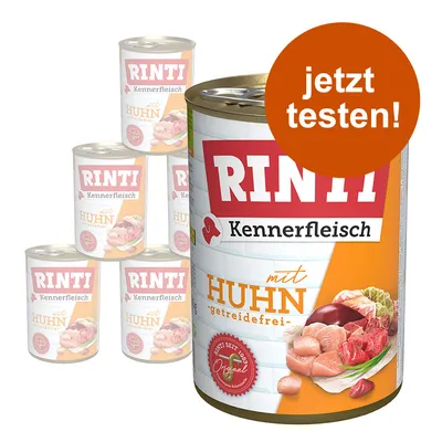 Rinti Kennerfleisch mit Huhn, getreidefrei. Jetzt testen! Dose mit Abbildung von Fleischstücken.