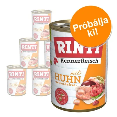 RINTI Kennerfleisch mit HUHN *getreidefrei* konzerv, narancssárga körben: Próbálja ki! Több konzerv látható a háttérben.