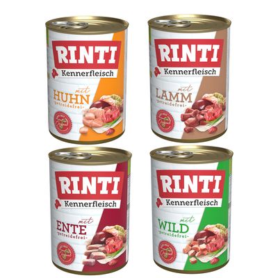 RINTI Kennerfleisch med Rind, getreidefrei. Pakke med 24 dåser à 400 g. Billede viser dåsernes forside med kødillustration og tydelig produkttekst.