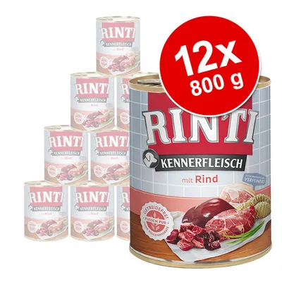 RINTI Kennerfleisch mit Rind, 12x800 g konzerve. Na slici je vidljivo meso i povrće na etiketi te natpis 'Getreidefrei Fleisch pur'.