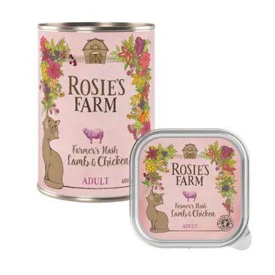 Two containers labelled Rosie's Farm Farmer's Hash Lamb & Chicken Adult, showing product name and flavour for adult pets.