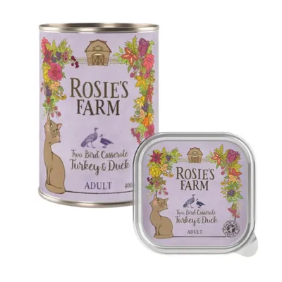 Rosie's Farm Two Bird Casserole Turkey & Duck Adult food shown in a tin and tray, with floral design and illustration of a cat on the packaging.