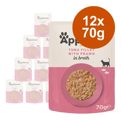 Applaws Tuna Fillet with Prawn in Broth, embalagem de 12 saquetas de 70 g cada. Texto visível: 12x70g, 70g e imagem do produto no interior da saqueta. Applaws Tuna Fillet with Prawn in Broth, embalagem de 12 saquetas de 70 g cada. Texto visível: 12x70g, 70g e imagem do produto no interior da saqueta.