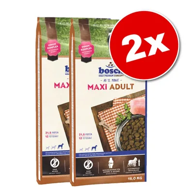 2 sacs de croquettes bosch Maxi Adult, 15 kg chacun. Texte visible : 21,5 % protéines, 12 % matières grasses, sans blé, pour chiens adultes dès 12 mois. Marque bosch.