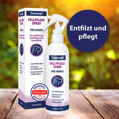 Canosept Fellpflege Spray für Hunde, spray pielęgnacyjny do sierści psów. Widoczne teksty po niemiecku: Entfilzt und pflegt, Original dermatest Excellent 2020.