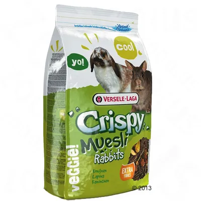 Versele-Laga Crispy Muesli Rabbits, veggie, extra fibres, voor konijnen. Tekst: yo!, cool, Konijnen Lapins Kaninchen. Afbeelding van twee konijnen op de verpakking.