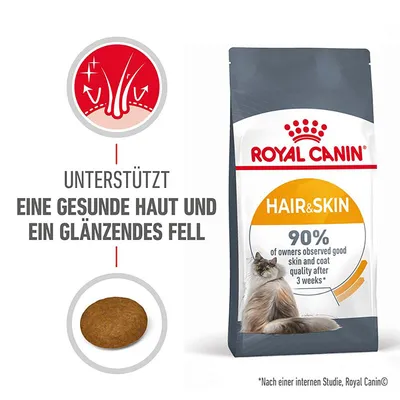 Royal Canin Hair & Skin Katzenfutter. Unterstützt gesunde Haut und glänzendes Fell. 90% der Besitzer beobachteten gute Haut- und Fellqualität nach 3 Wochen. Abbildung einer Krokette. Royal Canin Hair & Skin Katzenfutter. Unterstützt gesunde Haut und glänzendes Fell. 90% der Besitzer beobachteten gute Haut- und Fellqualität nach 3 Wochen. Abbildung einer Krokette.
