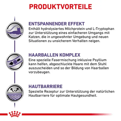 Produktvorteile: Entspannender Effekt, Haarballen Komplex und Hautbarriere. Enthält hydrolysiertes Milchprotein, Psyllium und spezielle Rezeptur zur Unterstützung von Katzen in verschiedenen Bereichen.