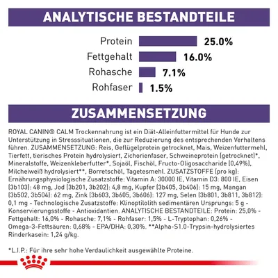 Analyse nutritionnelle : protéines 25 %, matières grasses 16 %, cendres brutes 7,1 %, fibres brutes 1,5 %. Texte en allemand sur la composition et additifs de Royal Canin Calm.