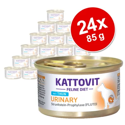 Pack de 24 latas de 85 g de Kattovit Feline Diet Urinary con atún. Texto visible: 'Struvitstein-Prophylaxe (FLUTD)'. Imagen de la lata en primer plano y varias al fondo.