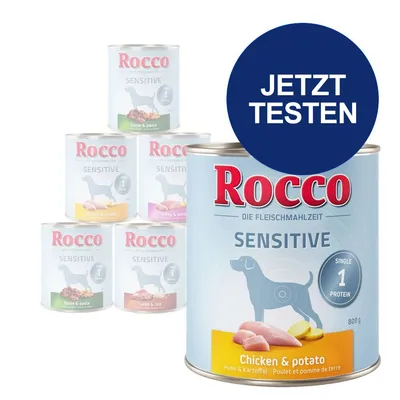 Rocco Sensitive Nassfutter für Hunde, Single Protein, Sorten: Chicken & Potato, Turkey & Potato, Lamb & Rice, Game & Pasta. Jetzt testen.