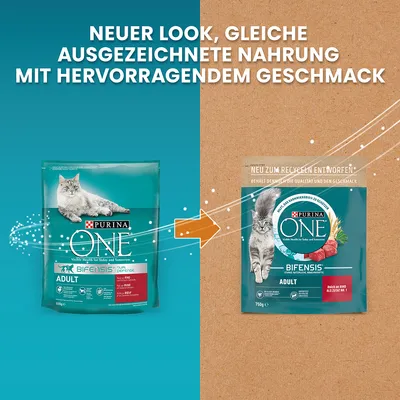 Purina ONE Adult Bifensis Katzenfutter. Neuer Look, gleiche ausgezeichnete Nahrung mit hervorragendem Geschmack. Verpackung jetzt zum Recyceln entworfen.