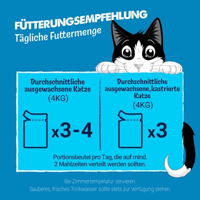 Fütterungsempfehlung: Durchschnittliche ausgewachsene Katze (4kg) 3-4 Portionsbeutel pro Tag, kastrierte Katze (4kg) 3 Beutel täglich, auf 2 Mahlzeiten verteilt.