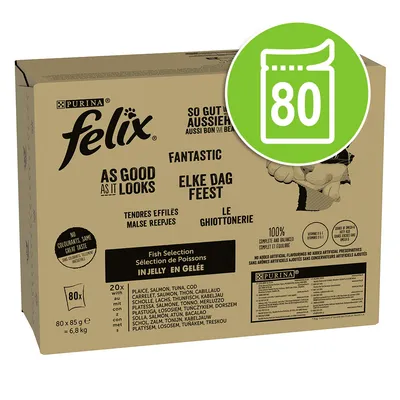 Purina Felix As Good As It Looks, výběr ryb v želé, 80x85g. Bez barviv, vyvážené a kompletní. Složení: platýs, losos, tuňák, treska.
