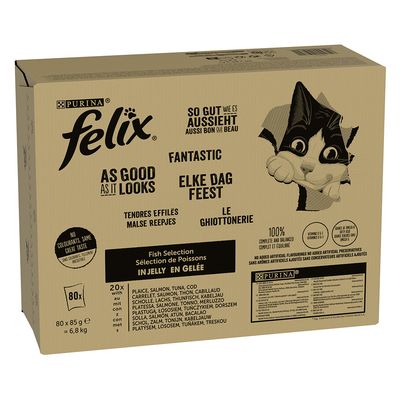 Megapack Felix "So gut wie es aussieht" Pouches 80 x 85 g Fisch Mix 2 (Scholle, Lachs, Thunfisch, Kabeljau)