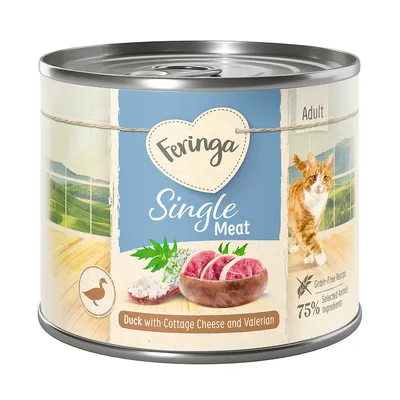 Feringa Single Meat Adult. Duck with cottage cheese and valerian, grain-free recipe, 75% selected animal ingredients.