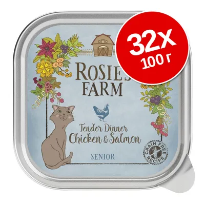 Rosie's Farm Tender Dinner Chicken & Salmon Senior, 32×100 г. Изображение на котка, цветя и надпис Grain Free Recipe върху опаковката. Rosie's Farm Tender Dinner Chicken & Salmon Senior, 32×100 г. Изображение на котка, цветя и надпис Grain Free Recipe върху опаковката.