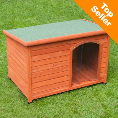 Cușcă pentru câini din lemn cu acoperiș verde, amplasată pe iarbă. Colțul dreapta sus conține textul „Top Seller” pe fundal portocaliu.