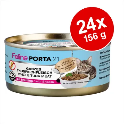 Feline Porta 21 Ganzes Thunfischfleisch Whole Tuna Meat, mit Breitling/with Shirasu. 24x156 g. Utan tillsatt socker/no added sugar. Bild på katt och skål med mat.