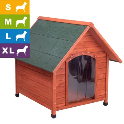 Holzhundehütte mit grünem Dach und transparenter Tür. Größenoptionen: S, M, L, XL, dargestellt durch Hundesilhouetten in farbigen Kästchen.
