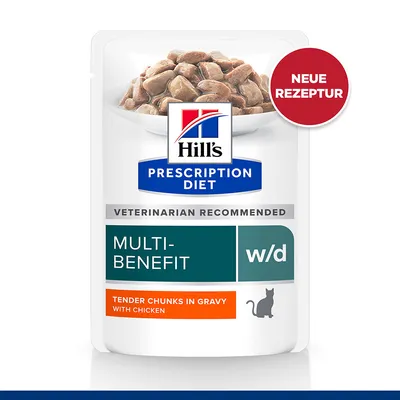 Hill's Prescription Diet w/d Multi-Benefit, neue Rezeptur, zarte Stückchen in Sosse mit Huhn. Veterinär empfohlen, Katzenfutter.