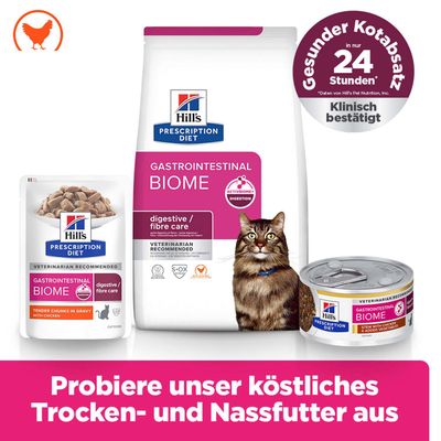 Hill's Prescription Diet Gastrointestinal Biome Trocken- und Nassfutter, klinisch bestätigt für gesunden Kotabsatz in nur 24 Stunden. Probiere unser köstliches Trocken- und Nassfutter aus.