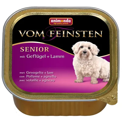 animonda Vom Feinsten SENIOR mit Geflügel + Lamm. Text v nemčine, holandčine, taliančine a francúzštine: hydina a jahňacie. Na obale je vyobrazený malý biely pes.