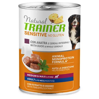 Natural Trainer Sensitive No Gluten cu rață și cereale integrale, formulă monoproteică, extract de ananas, pentru câini adulți de talie medie și mare (>11kg, >12 luni).