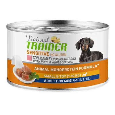 Natural Trainer Sensitive No Gluten cu porc și cereale integrale, Animal Monoprotein Formula pentru câini mici (1-10 kg), adulți (>10 luni).