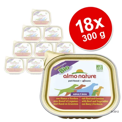 almo nature Daily Menu Bio, balenie 18×300 g, konzervy pre dospelých psov s hovädzím a zeleninou. Text na obale: con Manzo e Verdure, mit Rind und Gemüse, AB certifikát.