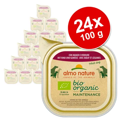 Set 24 x 100 g almo nature bio organic maintenance adult dog, cu vită și legume. Text vizibil: FR-BIO-10 EU Agriculture. Ambalaj pătrat cu capac auriu. Set 24 x 100 g almo nature bio organic maintenance adult dog, cu vită și legume. Text vizibil: FR-BIO-10 EU Agriculture. Ambalaj pătrat cu capac auriu.