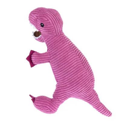 Rosa dinosaurieleksak av ribbat tyg med vita tänder och brunt detalj i munnen. Lämplig för husdjur att leka med.
