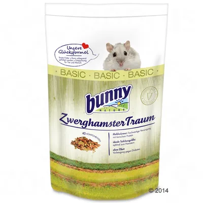 bunny nature Zwerg­hamsterTraum törpehörcsög eledel csomagolás, BASIC felirat, 42 komponens, látható keverék, német szöveg: Unsere Glücksformel, ohne Obst, 2014