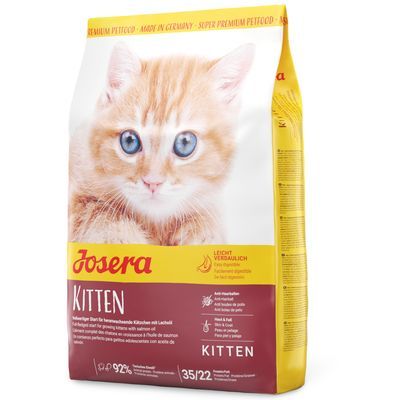 Josera Kitten droogvoer met zalmolie, licht verteerbaar, anti-haarbal, voor huid en vacht. Premium Petfood, Made in Germany. Analyse: eiwit 35%, vet 22%.