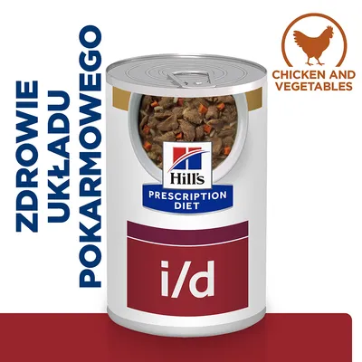 Hill's Prescription Diet i/d, zdrowie układu pokarmowego, chicken and vegetables. Puszka z widoczną karmą mokrą z kawałkami mięsa i warzyw.