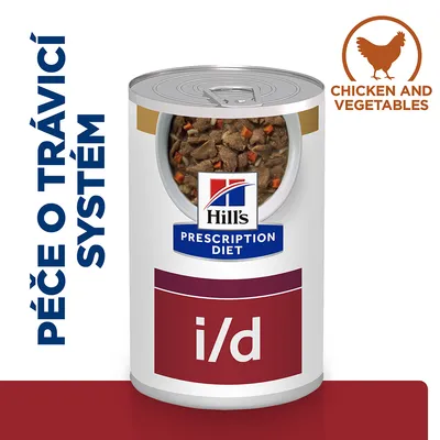 Konzerva Hill's Prescription Diet i/d, péče o trávicí systém, CHICKEN AND VEGETABLES, viditelný obsah masa a zeleniny.