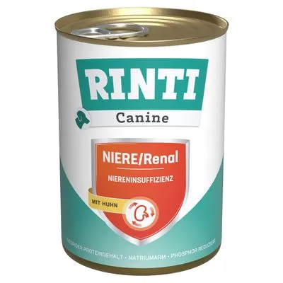 RINTI Canine NIERE/Renal Niereninsuffizienz mit Huhn, minder proteingehalt, natriumarm, phosphor reduziert. Tekst deels in het Duits.