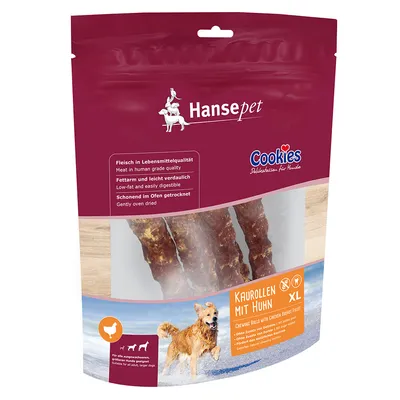 Hansepet Cookies rotoli da masticare con pollo XL. Carne di qualità alimentare, povera di grassi e facilmente digeribile, delicatamente essiccata al forno. Per cani adulti di taglia grande.
