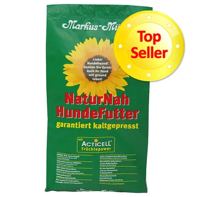Sac de nourriture pour chien Markus-Mühle NaturNah HundeFutter, texte allemand, badge jaune Top Seller, mention Acticell Früchtepower et garanti kaltgepresst visibles.