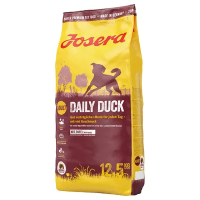 Sac de croquettes Josera Daily Duck pour chien adulte, 12,5 kg. Texte visible : Adult, Daily Duck, mit Ente, glutenfreie Rezeptur, made in Germany.