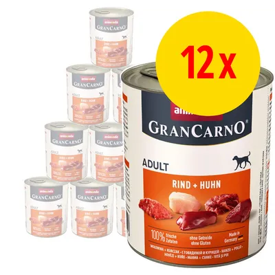 Lot de 12 boîtes Animonda GranCarno Adult Rind + Huhn, 100 % ingrédients frais, sans céréales ni gluten, fabriqué en Allemagne. Texte visible : 12x sur fond jaune. Lot de 12 boîtes Animonda GranCarno Adult Rind + Huhn, 100 % ingrédients frais, sans céréales ni gluten, fabriqué en Allemagne. Texte visible : 12x sur fond jaune.
