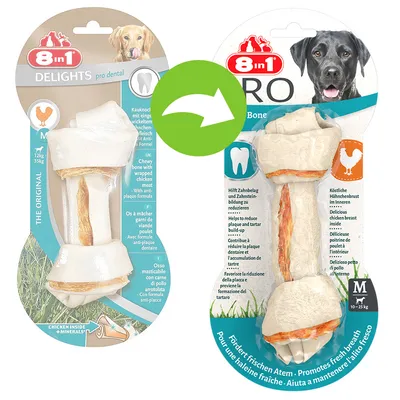 8in1 DELIGHTS pro dental ja 8in1 PRO Bone koiran puruluut, M-koko, kanatäyte. Näkyvissä pakkaukset ja tuotenimet sekä kanasymboli. Vasemmalla paino 12–35 kg, oikealla 10–25 kg.
