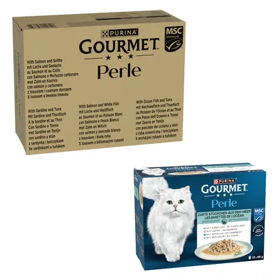 PURINA GOURMET Perle, label MSC. Variétés : au saumon et colin, à la sardine et au thon, au saumon et poisson blanc, au poisson de haute mer et thon. PURINA GOURMET Perle, label MSC. Variétés : au saumon et colin, à la sardine et au thon, au saumon et poisson blanc, au poisson de haute mer et thon.