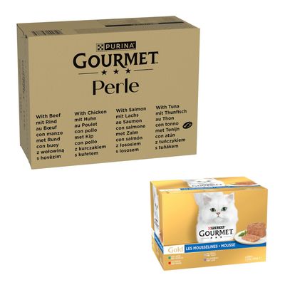 96 x 85 g Gourmet natvoer voor katten + 24 x 85 g gratis! Rundvlees, Kip, Zalm, Tonijn in Saus 96 x 85 g + Gemengd pakket Mousse Paté